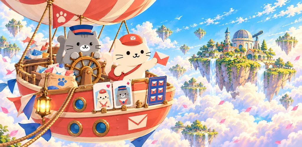 Illustration of cat mail carriers sailing an airship among floating islands.
